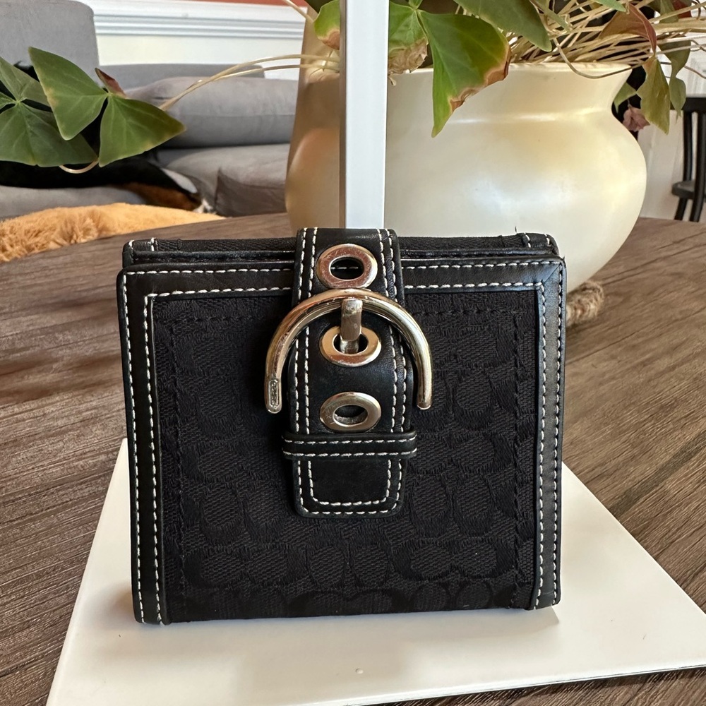 Coach Signature Canvas with Leather Trim & Buckle Compact Black Wallet